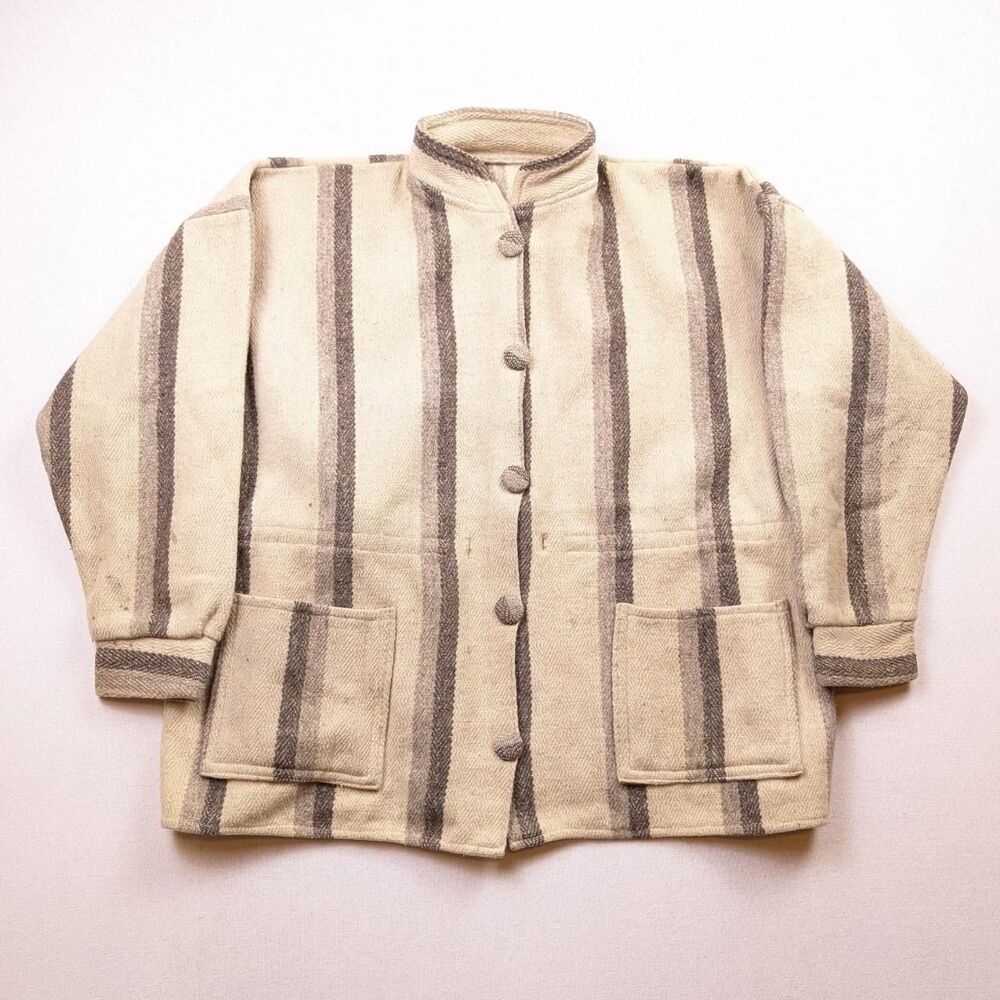 Vintage 50s Wool Button Down Chore Shacket Jacket Shirt Beige Striped Size M